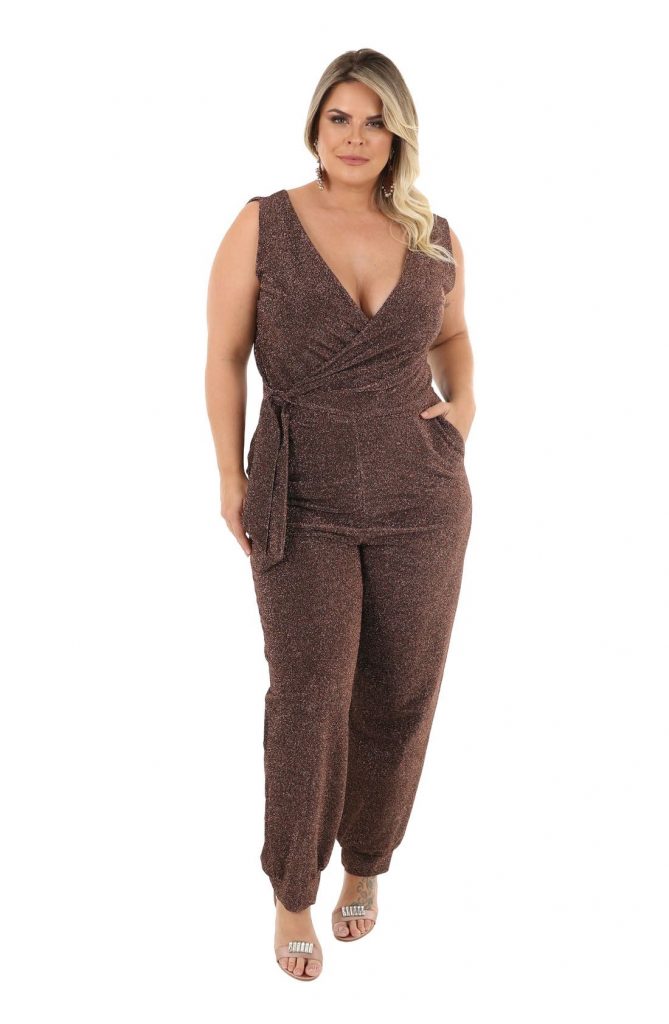 Macac O De Festa Longo Plus Size Bronze Lurex Impression Modas