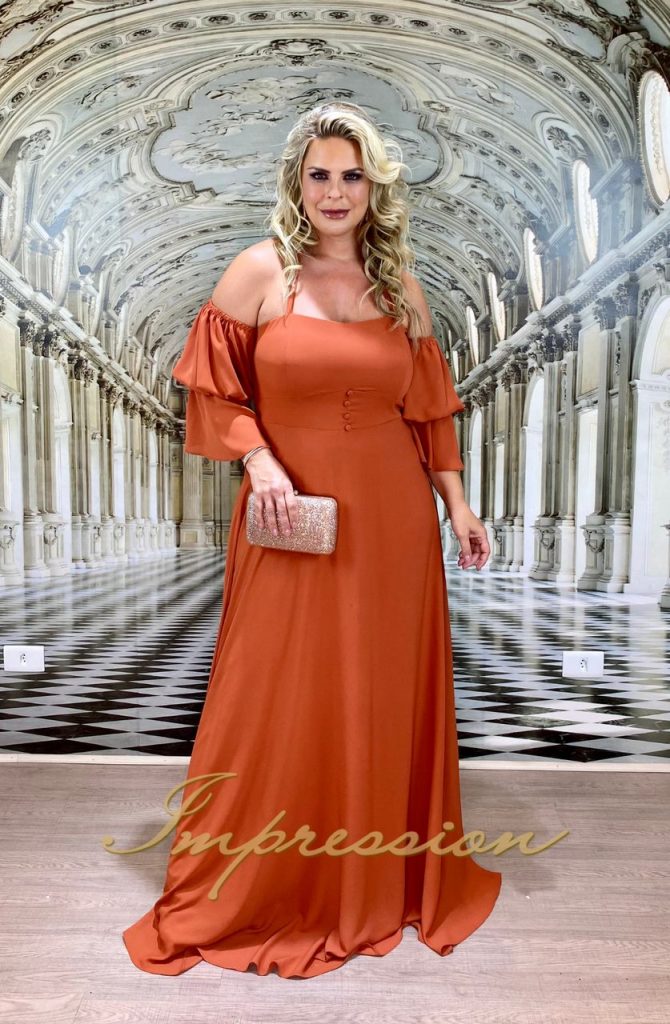 Vestido De Festa Longo Plus Size Terracota Impression Modas