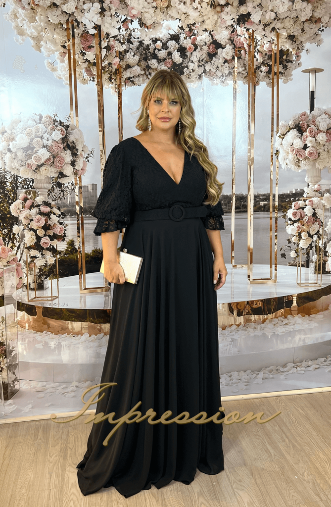 Vestido De Festa Longo Plus Size Preto Manga Impression Modas