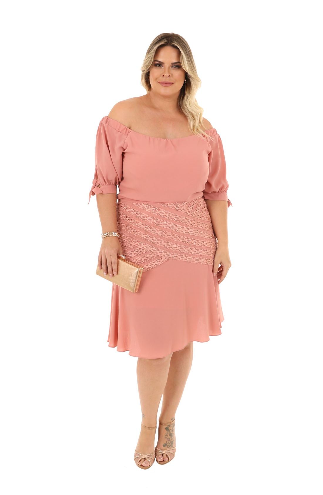 Vestido de Festa Midi Plus Size Rosa - Impression Modas