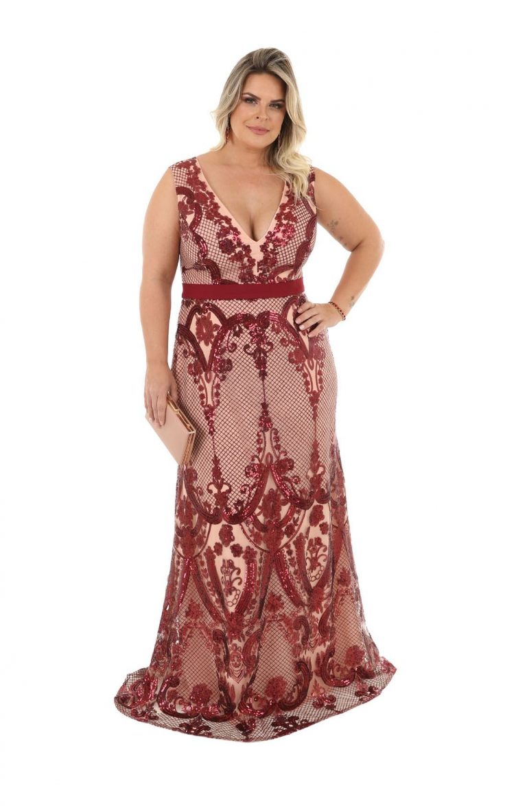 Vestido De Festa Longo Plus Size Marsala Bordado Impression Modas