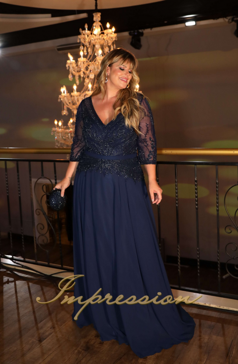 Vestido De Festa Longo Plus Size Azul Marinho Impression Modas